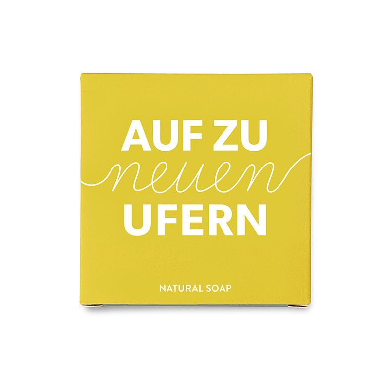 Geschenk Seife "Auf zu neuen Ufern" Verpackung mit Spruch